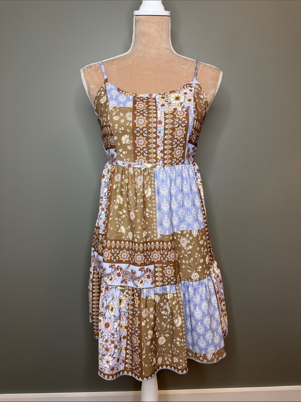 Altar'd State Brown & Light Blue Patchwork Spaghetti-Strap Mini Dress Size Small